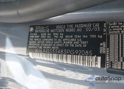 2003 BMW 325Ci из США, поврежденный, VIN WBABS33483PG92085